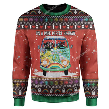 Gearhumans Ugly Christmas Cat On A Dark Desert Highway Sweater Apparel