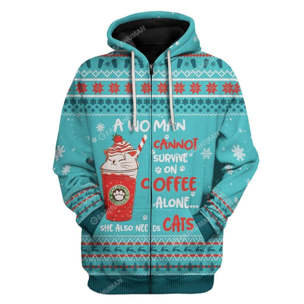 Ugly Christmas Coffee & Cat Custom T-Shirts Hoodies Apparel HD-TA25111911 3D Custom Fleece Hoodies Zip Hoodie S 