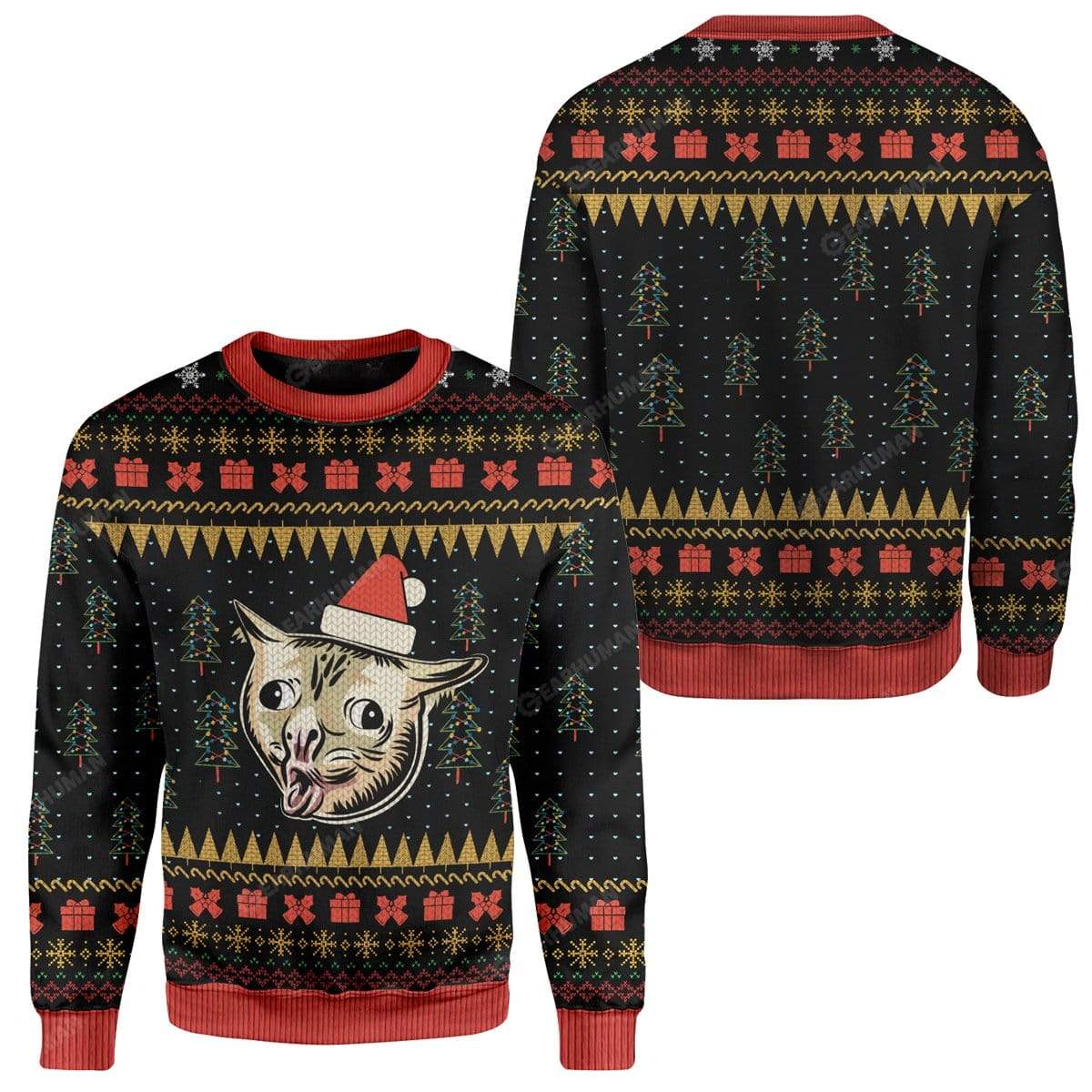 Ugly Christmas Coughing Cat Meme Sweater Apparel CT-AT2711194 Ugly Christmas Sweater 