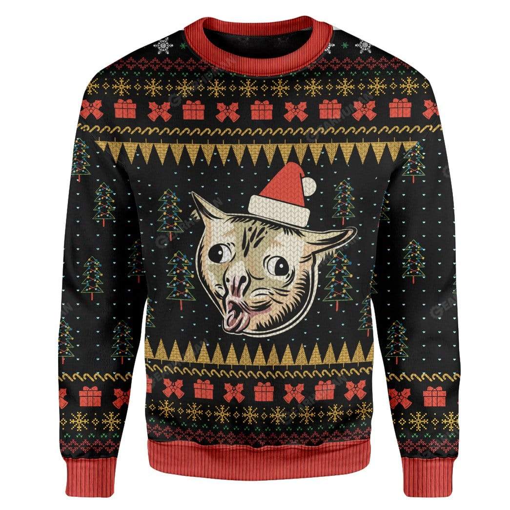 Ugly Christmas Coughing Cat Meme Sweater Apparel CT-AT2711194 Ugly Christmas Sweater Long Sleeve S 
