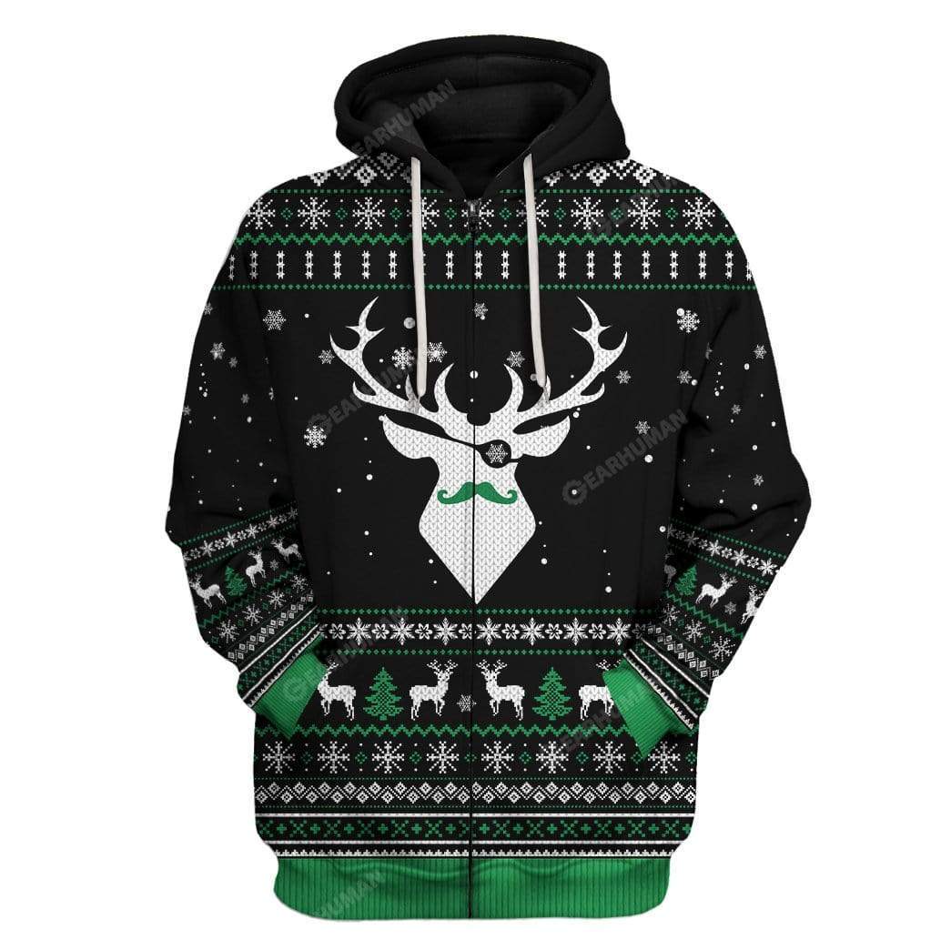Ugly Christmas Reindeer Custom T-shirt - Hoodies Apparel HD-AT18111905 3D Custom Fleece Hoodies Zip Hoodie S 