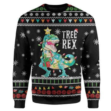 Gearhumans Ugly Christmas Tree T-Rex Custom Sweater Apparel