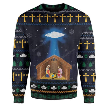 Gearhumans Ugly Jesus Nativity With UFO Star Custom T-shirt - Hoodies Apparel