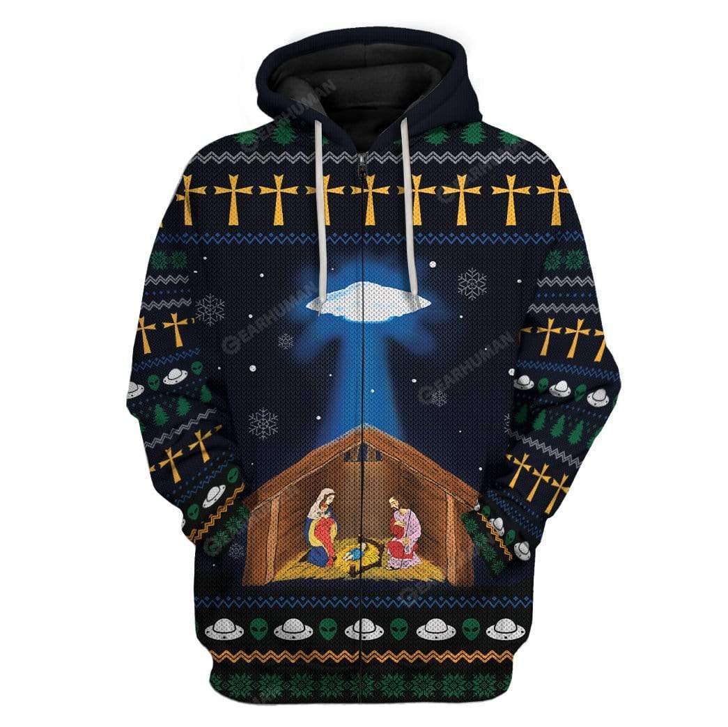Ugly Jesus Nativity With UFO Star Custom T-shirt - Hoodies Apparel HD-TA14111915 3D Custom Fleece Hoodies Zip Hoodie S 