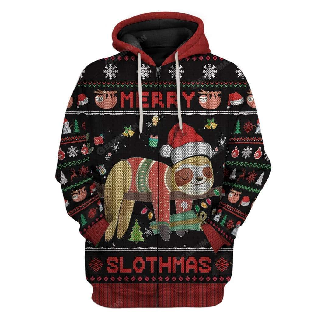 Ugly Merry Slothmas Custom T-shirt - Hoodies Apparel HD-DT22111902 3D Custom Fleece Hoodies Zip Hoodie S 